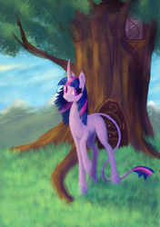 Size: 3500x4960 | Tagged: safe, artist:dalagar, imported from derpibooru, twilight sparkle, classical unicorn, pony, unicorn, female, grass, leonine tail, mare, painting, solo, tree