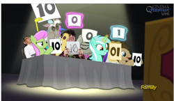 Size: 2016x1166 | Tagged: safe, imported from derpibooru, screencap, discord, dj pon-3, doctor whooves, lyra heartstrings, merry may, octavia melody, rarity, time turner, vinyl scratch, bloom and gloom, anti drug games, crossing the memes, exploitable meme, jontron, judges, lyra's score, meme, memeception, music judges meme