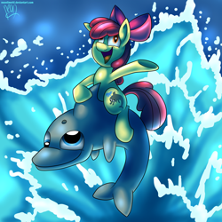 Size: 3000x3000 | Tagged: safe, artist:neoncel, imported from derpibooru, apple bloom, dolphin, bloom and gloom, derp, derphin, derpy fins, high res, open mouth, riding