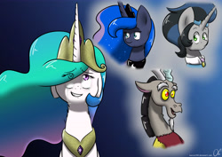 Size: 7016x4961 | Tagged: safe, artist:lrusu, imported from derpibooru, discord, king sombra, princess celestia, princess luna, absurd resolution, alternate design, crying, good king sombra, memories