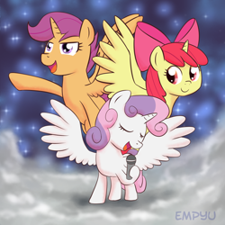 Size: 1000x1000 | Tagged: safe, artist:empyu, imported from derpibooru, apple bloom, scootaloo, sweetie belle, alicorn, pony, alicorn cmc, alicorn crusaders, alicorn cutie mark crusaders, bloomicorn, cloud, cloudy, cutie mark crusaders, dream, everyone is an alicorn, eyes closed, hoof hold, microphone, open mouth, pointing, race swap, scootacorn, smiling, smirk, spread wings, sweetiecorn, trio, xk-class end-of-the-world scenario