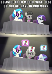 Size: 1500x2141 | Tagged: safe, edit, edited screencap, hundreds of users filter this tag, imported from derpibooru, screencap, dj pon-3, octavia melody, rarity, spike, vinyl scratch, bloom and gloom, card, female, implied shipping, judges, love triangle, male, meme, music judges meme, shipping, sparity, spike gets all the mares, spiketavia, straight, table, vinylspike