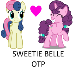 Size: 1125x1036 | Tagged: safe, imported from derpibooru, bon bon, sugar belle, sweetie belle, sweetie drops, earth pony, pony, unicorn, ^^, bonpun, eyes closed, female, lesbian, mare, pun, raised hoof, shipping, simple background, sweetie belle (ship), white background