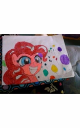 Size: 707x1131 | Tagged: safe, artist:mandorkastrocutie, imported from derpibooru, pinkie pie, balloon, photo, smiling, traditional art