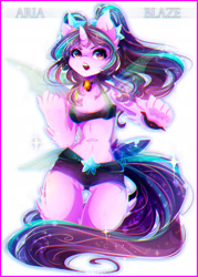 Size: 1591x2222 | Tagged: safe, artist:koveliana, imported from derpibooru, aria blaze, anthro, unicorn, equestria girls, rainbow rocks, belly button, chromatic aberration, clothes, color porn, female, mare, midriff, shorts, solo, tanktop