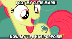 Size: 930x501 | Tagged: safe, imported from derpibooru, screencap, apple bloom, bloom and gloom, cutie mark, derphin, derpy fins, female, image macro, meme, pun, solo