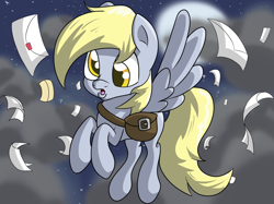 Size: 1024x766 | Tagged: safe, artist:witchtaunter, imported from derpibooru, derpy hooves, pegasus, pony, female, flying, letter, mailbag, mare, solo