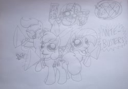 Size: 2208x1534 | Tagged: artist needed, safe, imported from derpibooru, apple bloom, babs seed, scootaloo, sweetie belle, twittermite, bloom and gloom, cutie mark crusaders, ghostbusters, monochrome, traditional art