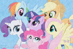 Size: 800x539 | Tagged: safe, artist:underwoodart, imported from derpibooru, applejack, fluttershy, pinkie pie, rainbow dash, rarity, twilight sparkle, earth pony, pegasus, pony, unicorn, ask pink-pony, blue background, cute, digital art, felt, friendship, mane six, scene interpretation, simple background, textless version, trace