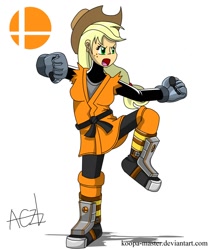 Size: 1200x1400 | Tagged: safe, artist:koopa-master, imported from derpibooru, applejack, human, clothes, cosplay, fighting stance, humanized, mii brawler, mii fighters, pose, super smash bros., super smash bros. 4