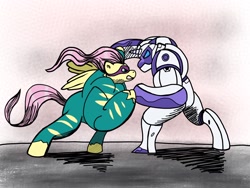 Size: 2048x1536 | Tagged: safe, artist:samoht-lion, imported from derpibooru, fluttershy, rarity, saddle rager, pegasus, pony, unicorn, avengers: age of ultron, crossover, female, flutterhulk, hulkbuster armor, iron man, iron mare, mare, marvel, simple background, veronica armor