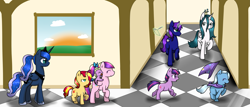 Size: 4135x1772 | Tagged: safe, artist:cloureed, imported from derpibooru, princess cadance, princess luna, queen chrysalis, sunset shimmer, trixie, twilight sparkle, oc, oc:telltale, alicorn, pony, unicorn, counterparts, filly, filly sunset shimmer, filly trixie, filly twilight sparkle, magical trio, twilight's counterparts, younger