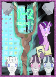 Size: 1700x2338 | Tagged: safe, artist:sadlylover, imported from derpibooru, double diamond, party favor, starlight glimmer, sugar belle, the cutie map, cutie mark vault, equalized, magic, s5 starlight, staff, staff of sameness, stalin glimmer