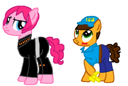 Size: 676x454 | Tagged: safe, artist:broadwayunicorn123, imported from derpibooru, cheese sandwich, pinkie pie, earth pony, pony, alternate hairstyle, calhoun, clothes, cosplay, costume, crossover, female, fix-it felix jr., male, mare, simple background, stallion, white background, wreck-it ralph