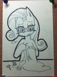 Size: 2448x3264 | Tagged: safe, artist:taishoo, imported from derpibooru, rarity, pony, unicorn, female, glasses, sewing, solo, traditional art