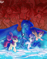 Size: 617x778 | Tagged: safe, artist:jowyb, artist:jowybean, imported from derpibooru, apple bloom, princess luna, scootaloo, sweetie belle, alicorn, earth pony, pegasus, pony, unicorn, bloom and gloom, for whom the sweetie belle toils, sleepless in ponyville, apple bloom's bow, blank flank, bow, crown, cutie mark crusaders, dream walker luna, female, filly, foal, hair bow, jewelry, mare, nightmare, open mouth, protecting, regalia, signature, spread wings