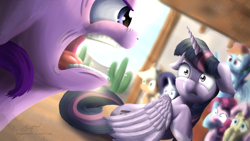 Size: 1024x576 | Tagged: safe, artist:niegelvonwolf, imported from derpibooru, applejack, fluttershy, pinkie pie, rainbow dash, rarity, starlight glimmer, twilight sparkle, alicorn, pony, the cutie map, dutch angle, female, floppy ears, mane six, mare, quiet, ragelight glimmer, scene interpretation, shut up twilight, twilight sparkle (alicorn)