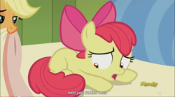 Size: 1282x715 | Tagged: safe, imported from derpibooru, screencap, apple bloom, applejack, bloom and gloom, meme, youtube caption