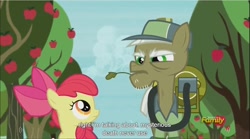 Size: 1284x716 | Tagged: safe, imported from derpibooru, screencap, apple bloom, max raid, earth pony, pony, bloom and gloom, meme, pest control pony, youtube caption