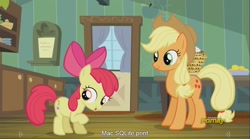 Size: 1281x712 | Tagged: safe, imported from derpibooru, screencap, apple bloom, applejack, bloom and gloom, meme, youtube caption