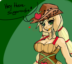 Size: 600x532 | Tagged: safe, artist:catharsis, imported from derpibooru, applejack, anthro, equestria girls, friendship through the ages, 30 minute art challenge, breasts, busty applejack, cleavage, country applejack, dialogue, female, solo