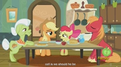 Size: 1279x713 | Tagged: safe, imported from derpibooru, screencap, apple bloom, applejack, big macintosh, granny smith, earth pony, pony, bloom and gloom, apple family, apple siblings, male, meme, stallion, youtube caption