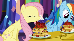 Size: 1354x758 | Tagged: safe, imported from derpibooru, screencap, fluttershy, rainbow dash, pegasus, pony, castle sweet castle, blueberry, cute, eating, eyes closed, female, food, herbivore, mare, open mouth, pancakes, shyabetes, strawberry