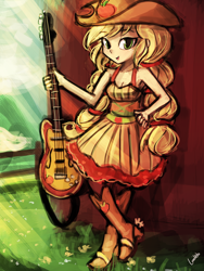 Size: 720x960 | Tagged: safe, artist:lumineko, imported from derpibooru, applejack, equestria girls, friendship through the ages, rainbow rocks, 30 minute art challenge, alternate clothes, alternate costumes, alternate hairstyle, country applejack, female, guitar, looking at you, musical instrument, open mouth, pigtails, sleeveless, solo