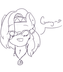 Size: 1210x1390 | Tagged: safe, artist:mrrowboat, imported from derpibooru, oc, oc only, oc:paige, blushing, earring, glasses, groovy, hair over one eye, headband, heart, hippie, monochrome, piercing, speech bubble