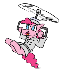 Size: 637x743 | Tagged: safe, artist:jargon scott, imported from derpibooru, pinkie pie, bubble berry, clothes, coat, crossover, flying, hat, helicopter, inspector gadget, rule 63, solo