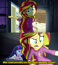 Size: 960x1080 | Tagged: safe, imported from derpibooru, scootaloo, sunset shimmer, twilight sparkle, bloom and gloom, equestria girls, rainbow rocks, exploitable meme, image macro, meme, pinkie's refrigerator, refrigerator, whipped cream, yellow text