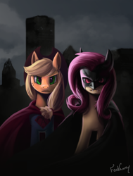 Size: 1024x1356 | Tagged: safe, artist:foxvanity, imported from derpibooru, applejack, fluttershy, bat pony, earth pony, pony, app-el, bat ponified, batman, batman v superman: dawn of justice, crossover, flutterbat, flutterbatman, race swap, superman