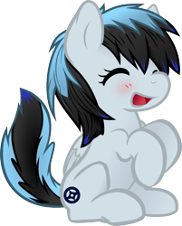 Size: 736x915 | Tagged: safe, artist:sketchy brush, artist:spiralshockwave, imported from derpibooru, oc, oc only, oc:sentoki, pegasus, pony, black mane, blue fur, blue mane, blushing, cute, female, filly, highlights, simple background, smiling, solo, transparent background, vector, vector trace