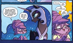 Size: 1272x755 | Tagged: safe, idw, imported from derpibooru, doran, nightmare moon, alicorn, pony, spoiler:comic, spoiler:comicfiendshipismagic4, comic, ethereal mane, fangirling, female, mare, official comic, speech bubble, starry mane