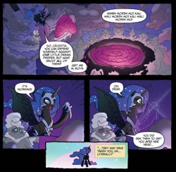 Size: 869x848 | Tagged: safe, idw, imported from derpibooru, nightmare moon, alicorn, pony, spoiler:comic, spoiler:comicfiendshipismagic4, chanting, comic, ethereal mane, female, magic, mare, nightmare forces, official comic, speech bubble, starry mane