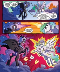 Size: 671x804 | Tagged: safe, idw, imported from derpibooru, nightmare moon, princess celestia, alicorn, pony, spoiler:comic, spoiler:comicfiendshipismagic4, comic, duo, ethereal mane, female, fight, mare, official comic, sisters, speech bubble, starry mane