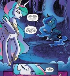 Size: 685x747 | Tagged: safe, idw, imported from derpibooru, princess celestia, princess luna, alicorn, pony, spoiler:comic, spoiler:comicfiendshipismagic4, chains, comic, crying, duo, ethereal mane, female, mare, official comic, royal sisters, sisters, speech bubble, starry mane