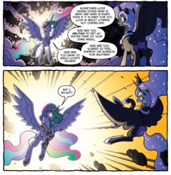 Size: 655x670 | Tagged: safe, idw, imported from derpibooru, nightmare moon, princess celestia, alicorn, pony, spoiler:comic, spoiler:comicfiendshipismagic4, badass, comic, duo, ethereal mane, female, fight, glowing eyes, mare, official comic, sisters, speech bubble, spread wings, starry mane, wings