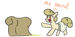 Size: 996x499 | Tagged: safe, artist:jargon scott, imported from derpibooru, oc, oc only, oc:bread pony, bread pony, food pony, original species, boxers, bread, clothes, dialogue, ponyloaf, solo, underwear, wheat