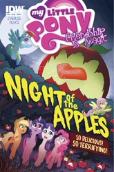 Size: 791x1200 | Tagged: safe, artist:tonyfleecs, idw, imported from derpibooru, applejack, fluttershy, pinkie pie, rainbow dash, rarity, twilight sparkle, alicorn, pony, night of the living apples, spoiler:comic, spoiler:comic32, apple, attack of the killer tomatoes, cover, female, food, living apple, mane six, mare, sweet apple acres, twilight sparkle (alicorn)