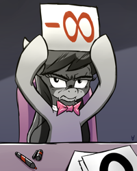 Size: 1000x1250 | Tagged: safe, artist:php87, imported from derpibooru, octavia melody, earth pony, pony, bloom and gloom, chair, female, frown, glare, hoof hold, infinity, infinity symbol, judges, looking at you, mare, marker, negative infinity, octavia is not amused, sitting, solo, table, unamused