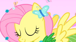 Size: 1366x768 | Tagged: safe, imported from derpibooru, screencap, fluttershy, butterfly, suited for success, clothes, dress, female, gala dress, solo