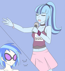 Size: 1280x1405 | Tagged: safe, artist:jonfawkes, imported from derpibooru, dj pon-3, sonata dusk, vinyl scratch, equestria girls, 30 minute art challenge, american idol, belly button, clothes, microphone, midriff, singing, tanktop