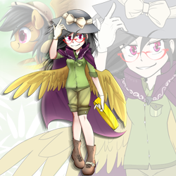 Size: 2000x2000 | Tagged: safe, artist:meotashie, imported from derpibooru, a.k. yearling, daring do, human, female, glasses, grin, humanized, smiling, solo, winged humanization