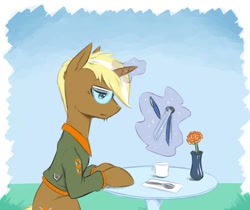 Size: 976x819 | Tagged: safe, artist:yeendip, imported from derpibooru, trenderhoof, flower, napkin, notepad, pen, skunk stripe, solo, spoon, tea, vase