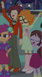 Size: 232x416 | Tagged: safe, imported from derpibooru, screencap, normal norman, scootaloo, scribble dee, velvet sky, equestria girls, equestria girls (movie), background human, boots, chloe commons, clothes, fall formal outfits, high heel boots, holding hands, shoes, sneakers