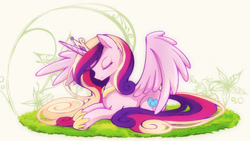 Size: 1200x677 | Tagged: safe, artist:lyra-kotto, imported from derpibooru, princess cadance, eyes closed, female, solo, spread wings