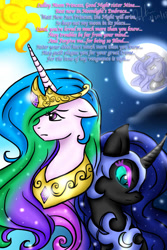 Size: 1000x1500 | Tagged: safe, artist:garucca415, imported from derpibooru, nightmare moon, princess celestia, princess luna, lullaby for a princess, duality, duet, floppy ears, luna's soliloquy, lyrics, moon, sun