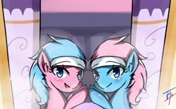 Size: 2000x1247 | Tagged: safe, artist:johnyho, imported from derpibooru, aloe, lotus blossom, bedroom eyes, blushing, looking at you, spa, spa twins