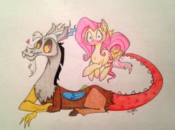 Size: 1390x1030 | Tagged: safe, artist:ameliacostanza, imported from derpibooru, discord, fluttershy, blushing, discoshy, female, heart, male, prone, shipping, simple background, slap, straight, traditional art, wingless